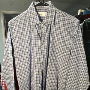 Nordstrom Blue Plaid 100% Cotton Trim Fit Non-Iron Long-Sleeve Button-Up SZ Med